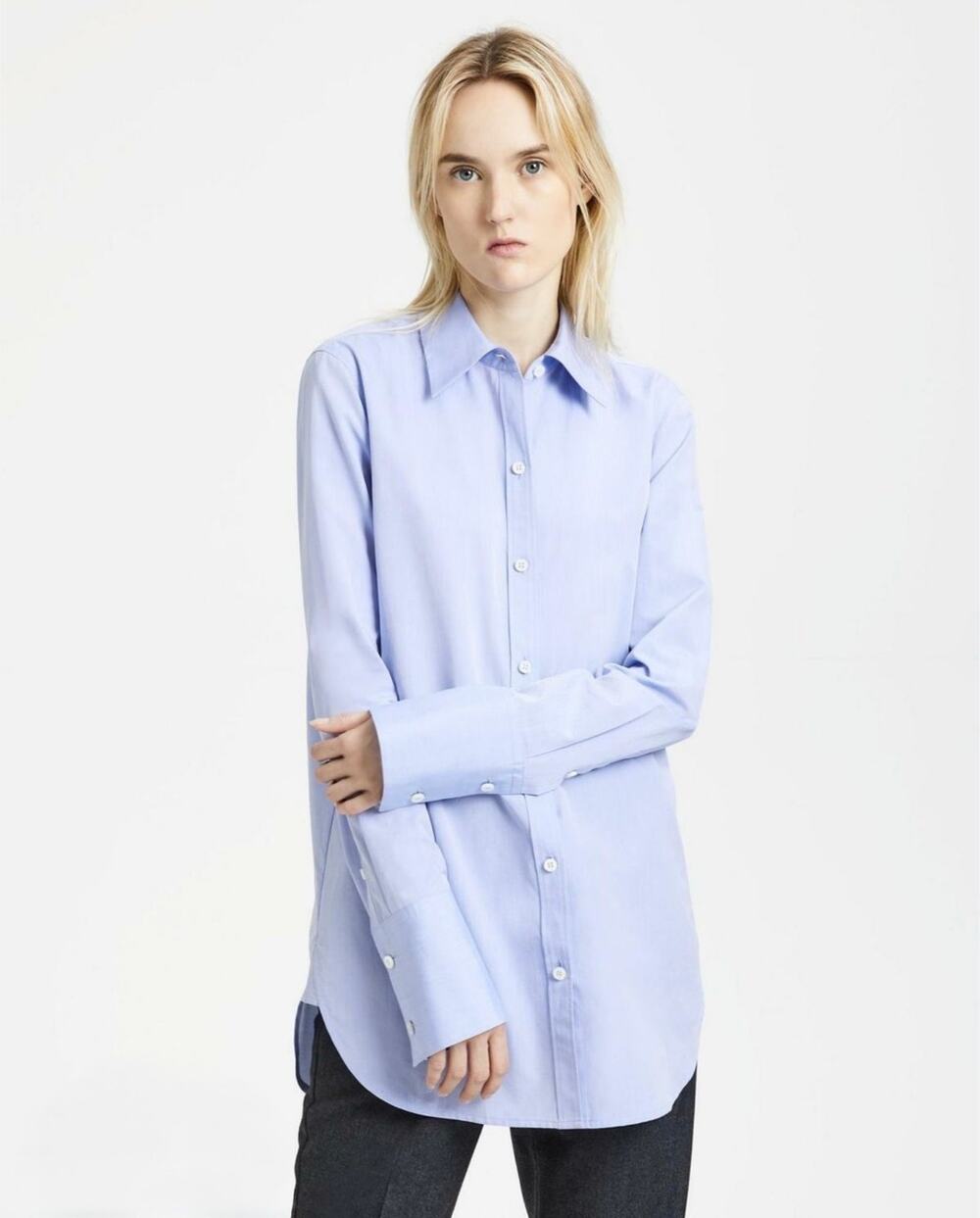 Theory Women's Light Blue Classic Tuxedo Derby Cotton Button Down Shirt Sz P(XS)